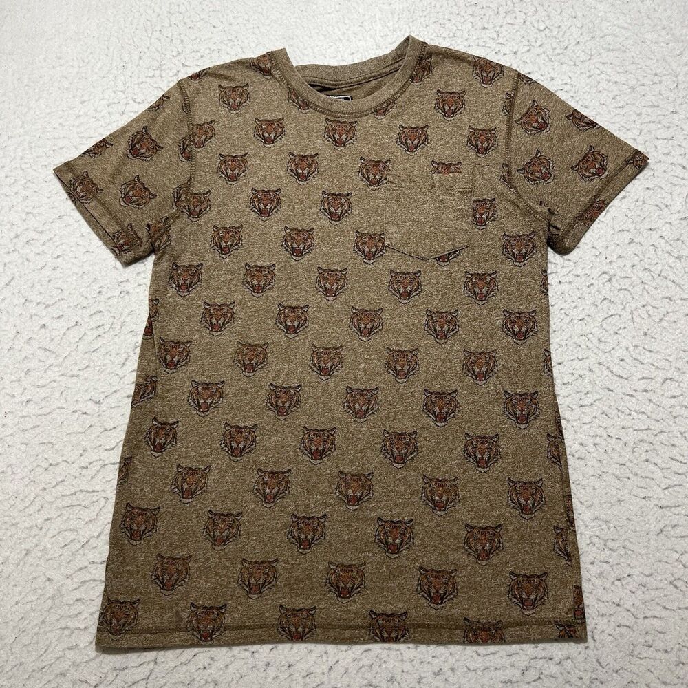 Creative Destruction Mens Small Short Sleeve Tiger Pattern Brown Graphic T Shirt
